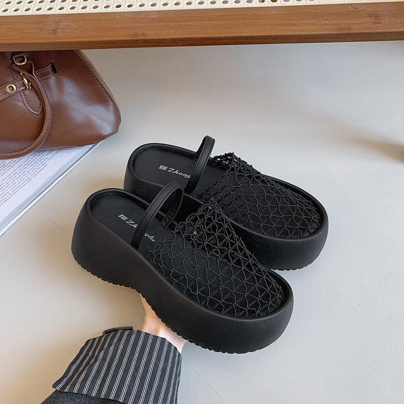 

2025 summer new design mesh hollow breathable bag head half slippers women s thick bottom muffin cool slippers 40 чорний