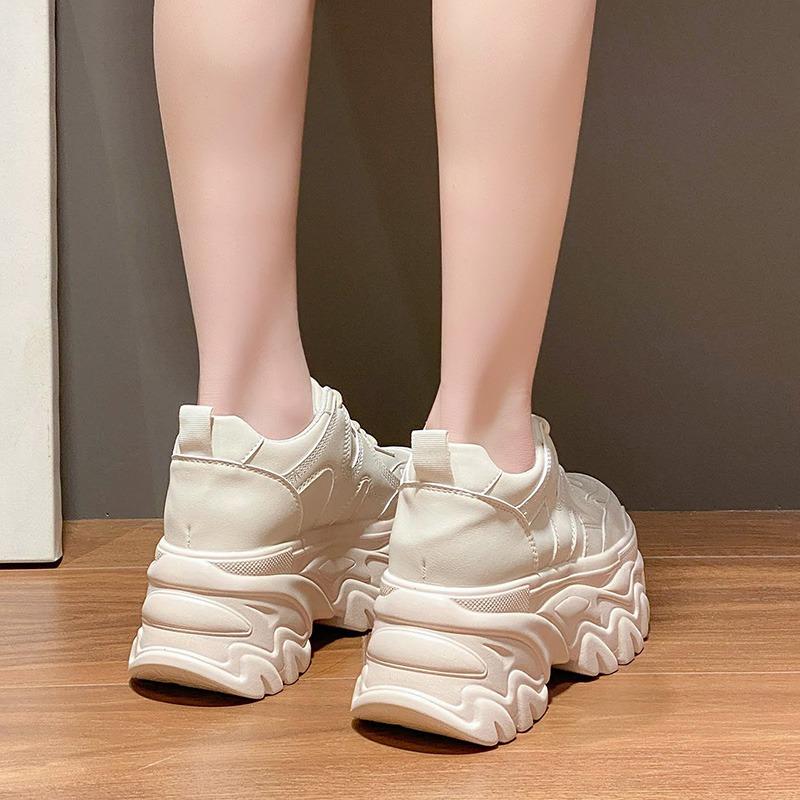 Autumn Breathable Thick Bottom Casual Shoes New 2025 Women's Chunky Leather Sneakers 8CM High Platform Sports Dad Shoes Spring