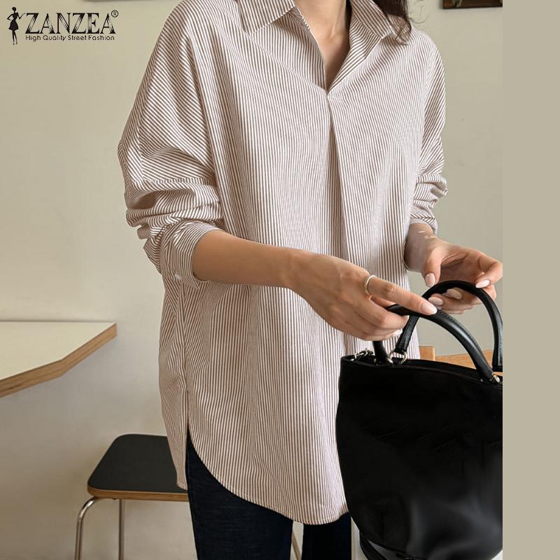 ZANZEA Women Casual Turn Down Collar Long Sleeve Stripe Blouse