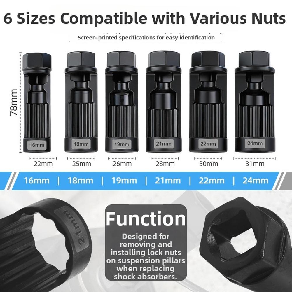 6 Piece Shock Absorber Nut Removal Socket Set For CR MO Steel 16mm To 24mm Suspension Lock Nut Extractor Tool Kit