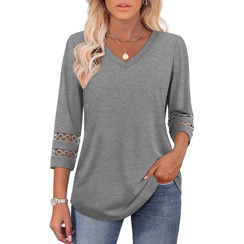 2026 Women's Fashion Solid Color V-Neck Loose Three-Quarter Sleeve Round Neck Hollow-Out Casual Top