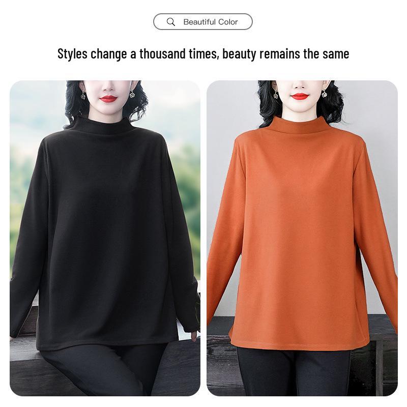 Camiseta de Felpa Bordada de Cuello Semi-Alto para Mujeres de Mediana Edad - Colección Otoño/Invierno