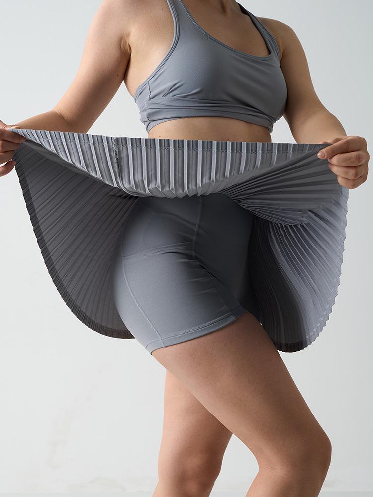 In-Stock High Waist Pleated Athletic Skort with Anti-Exposure and Quick-Drying Features, Side Pockets, and Midi Length