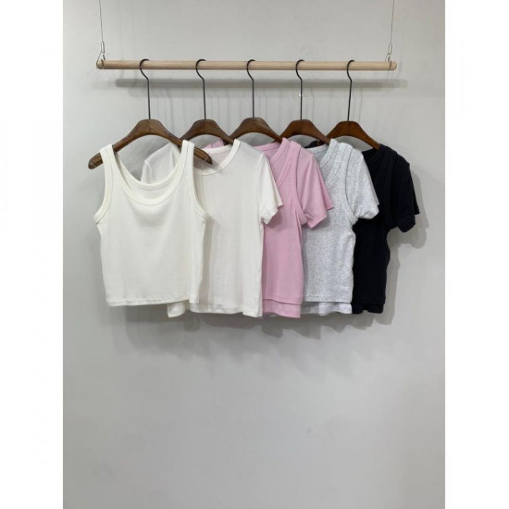 C S In The Room Women S Ribbed Tank Layered ShorT Sleeve T ShirT SeT 4 ColorS