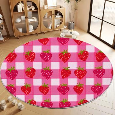 Cute Strawberry Print Round Rug – Soft Washable Non-Slip Circular Mat for Bedroom Bathroom Kids Room