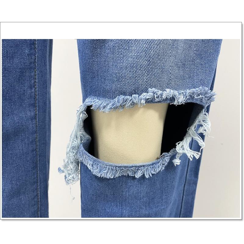 Jeans lunghi da donna a vita alta strappati con orlo sfilacciato comodi a gamba larga