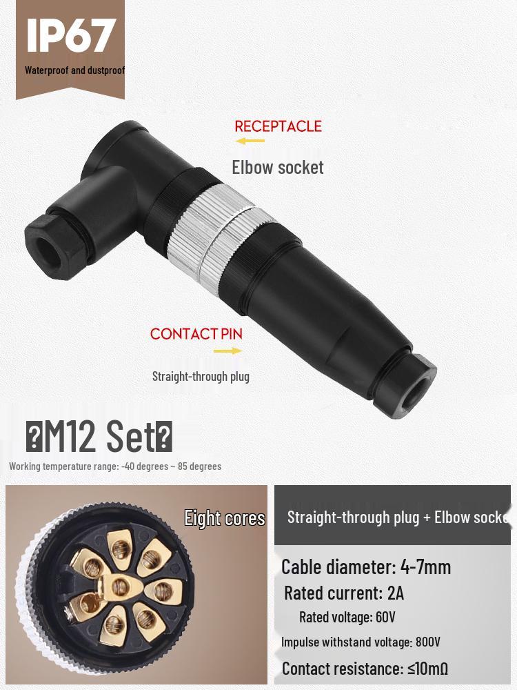 M12 Waterproof Sensor Connector: Male & Female Aviation Plug, 34-Pin, 5-Hole, 8P, Straight & Elbow, Three-Core Socket.