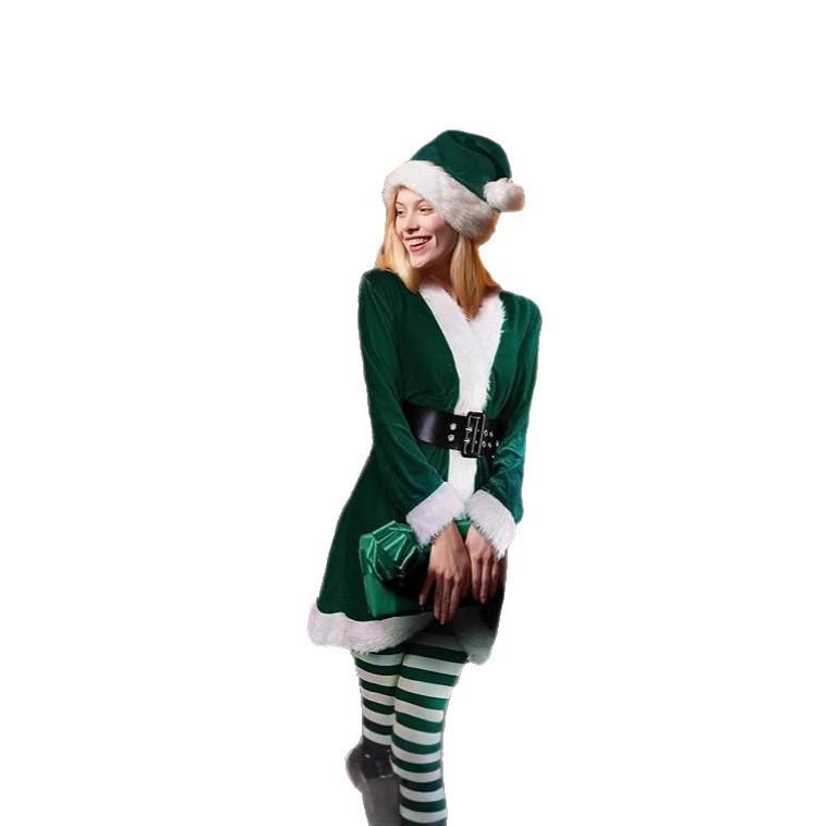 Adult Women Santa Claus Xmas Green Elf Dress Socks Hat Sets Christmas New Year Cosplay Costumes Performance Role Play Outfit