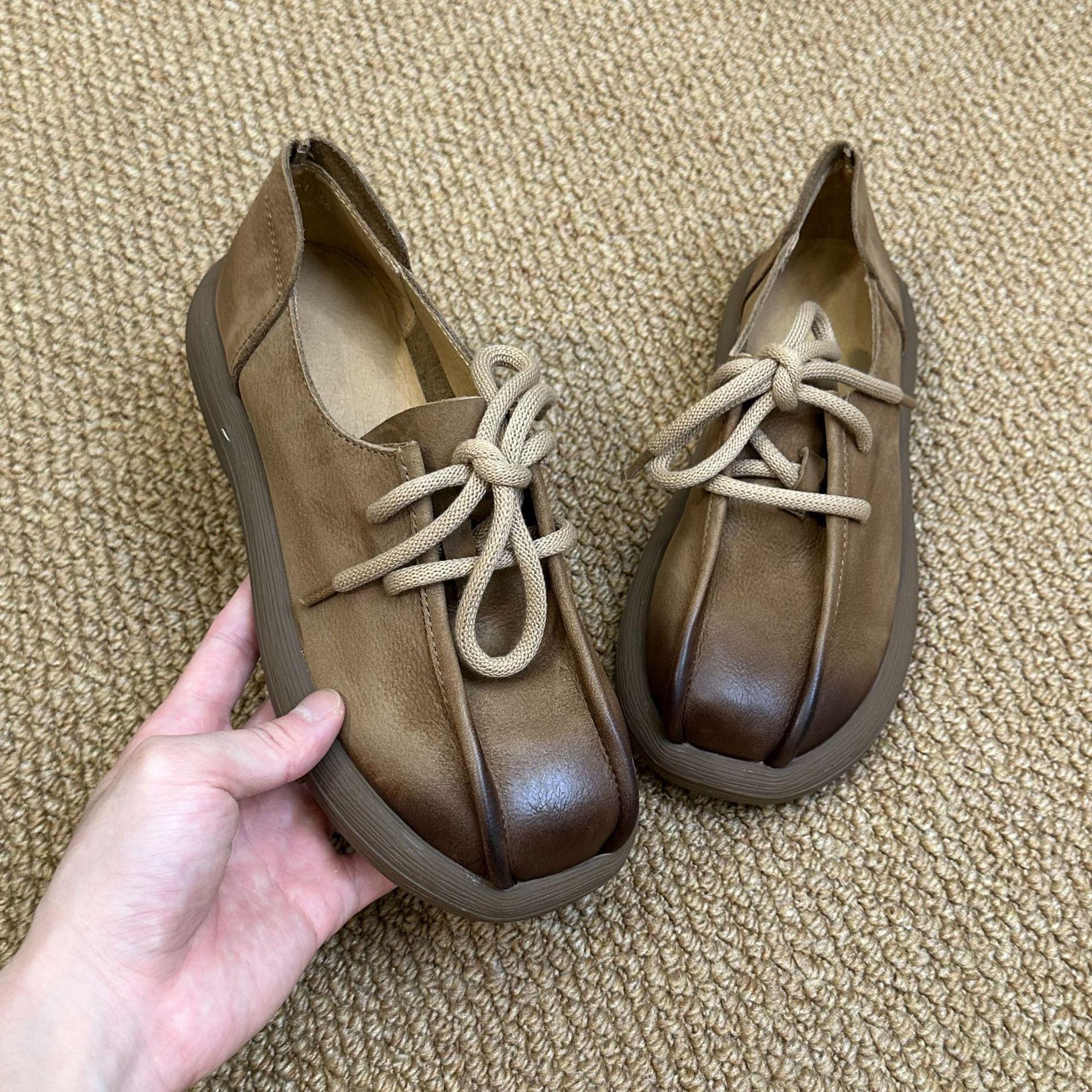 

Johnature Retro Cowhide Flat Women s Shoes Genuine Leather Round Toe Lace Up Thick Soled Shoes 40 хакі