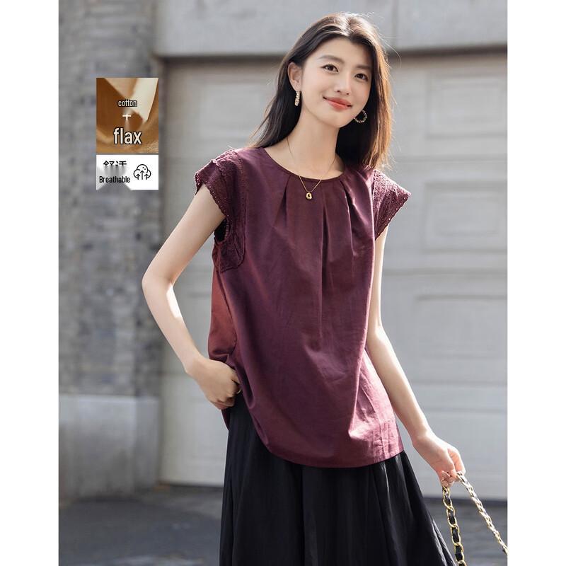 Женская безрукавная блузка из смесовой льняной ткани с кружевом M