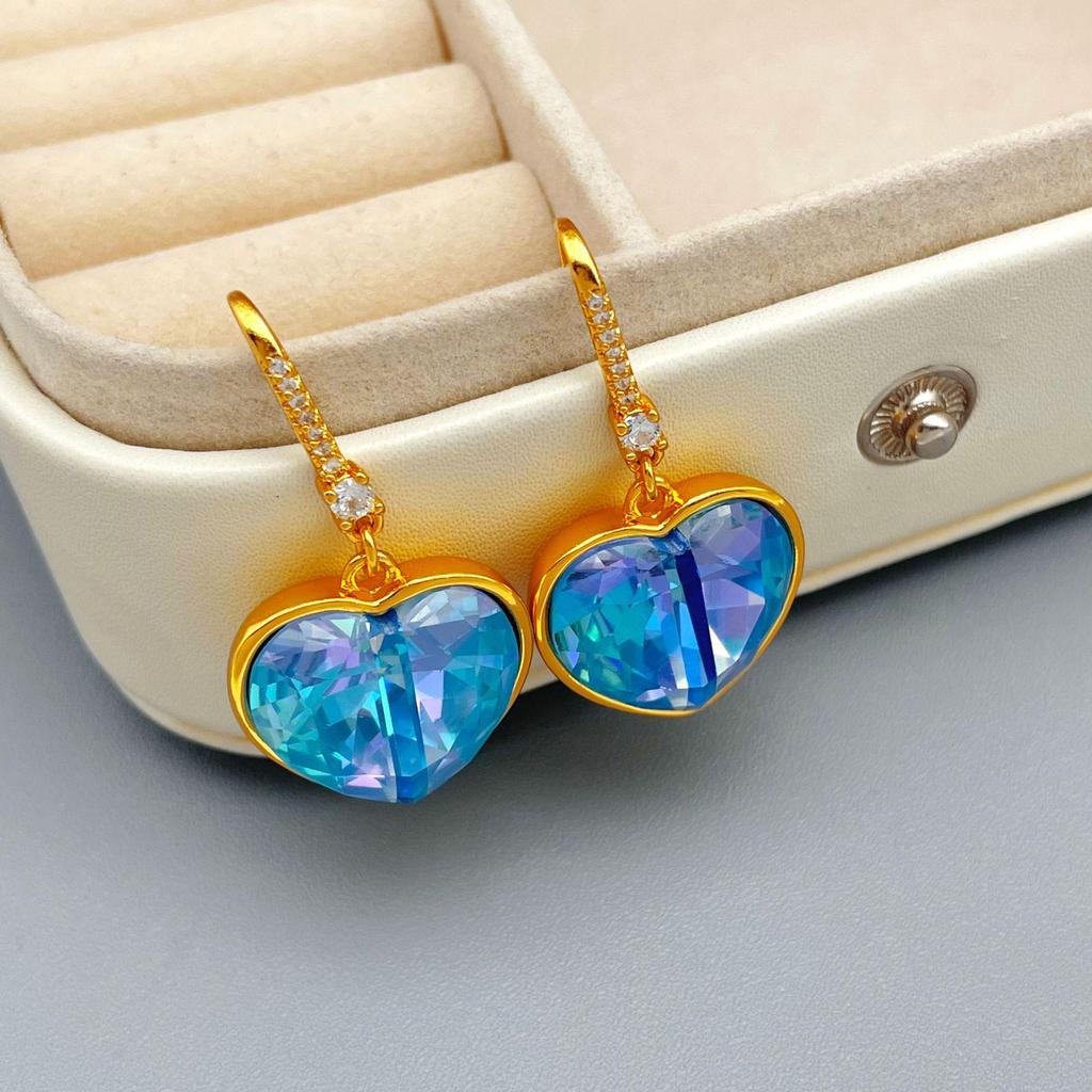 Ocean Blue Heart Crystal Earrings with Inlaid Diamonds & Luxury Ear Hooks
