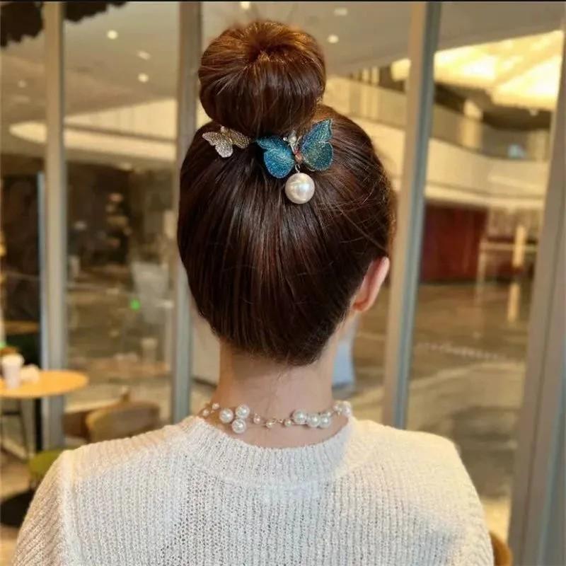 Tassel Pearl Embroidered Butterfly Hairpin Back Of The Head Hair Clip Female Ball Hair Accessories