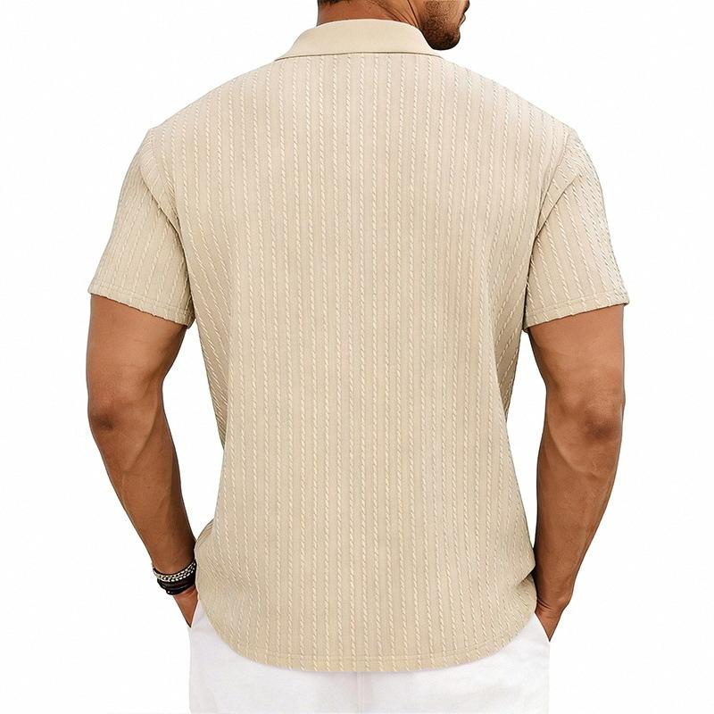 Men Vertical Cable Knit Half Zip Polo Shirt Short Sleeve Solid Slim Fit Casual Top
