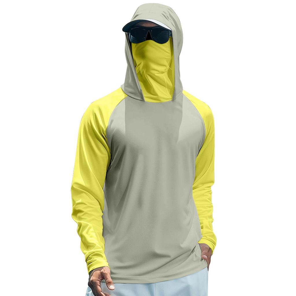 Herren Sommer Farbblock Schnelltrocknendes Langarm-T-Shirt Sonnenschutzkleidung Angeln Fitness Sport Kapuzen-Langarm-Top