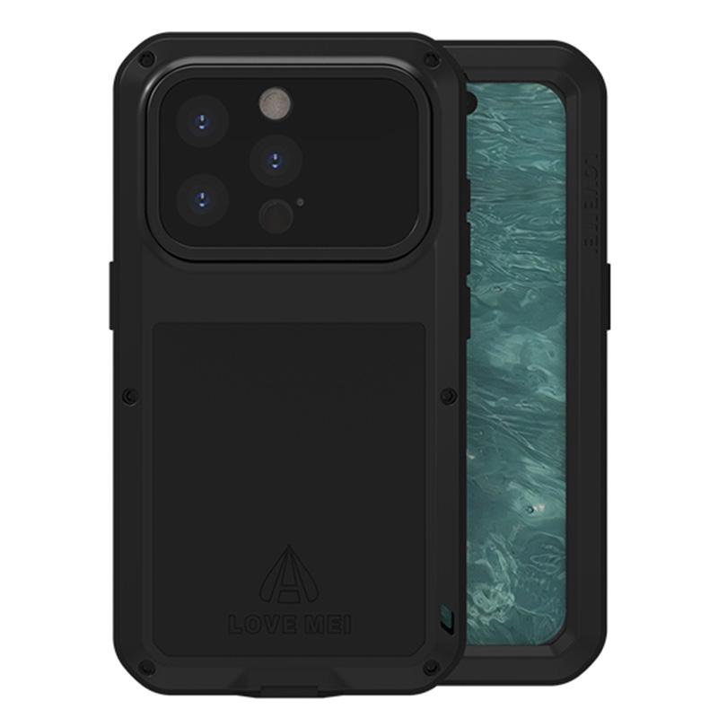 

LOVE MEI For iPhone 15 Pro Case Shockproof Phone Cover with Tempered Glass Film Black