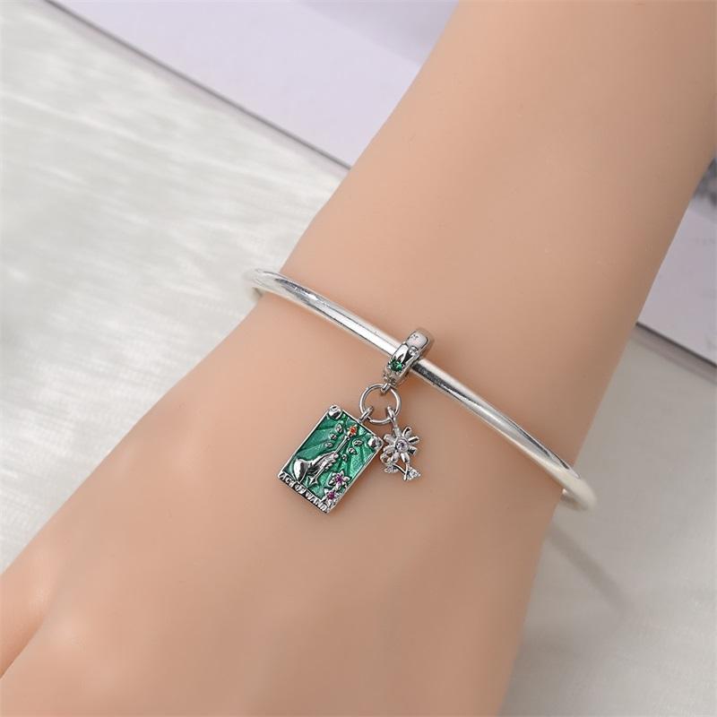 Green Series 925  Silver Dinosaur Bow Puppy Swallow Umbrella Four-Leaf Clover Charm Fit DIY Bracelet Necklace Party Gift