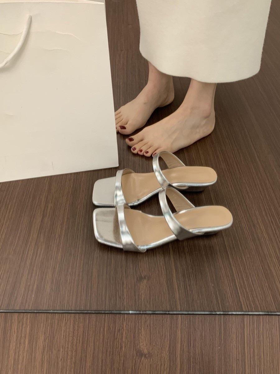 

French fairy style satin one-word open-toed slippers female summer wear versatile not tired feet beautiful slope heel cool slippers 40