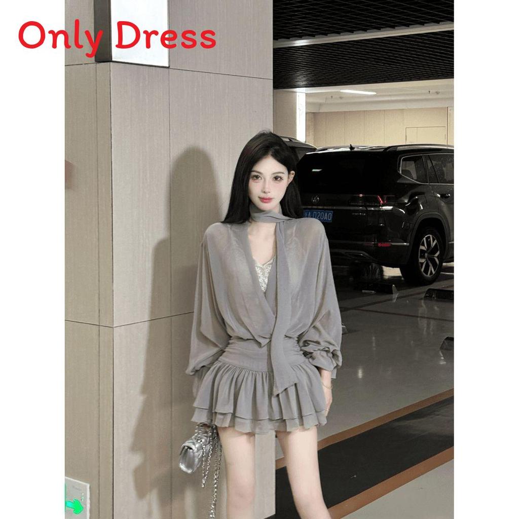 Elegant Satin Polyester Spliced Vneck Long Sleeve Dress For Fall Season Womens Formal Wear