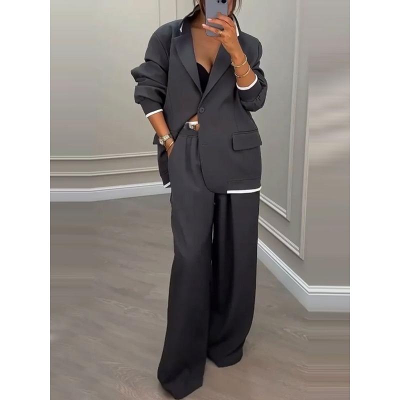 Dames Pantalonsuit Los Effen Kleur Herfst Winter Lange Mouwen Revers Wijde Pijpen Broek Tweedelig Pak