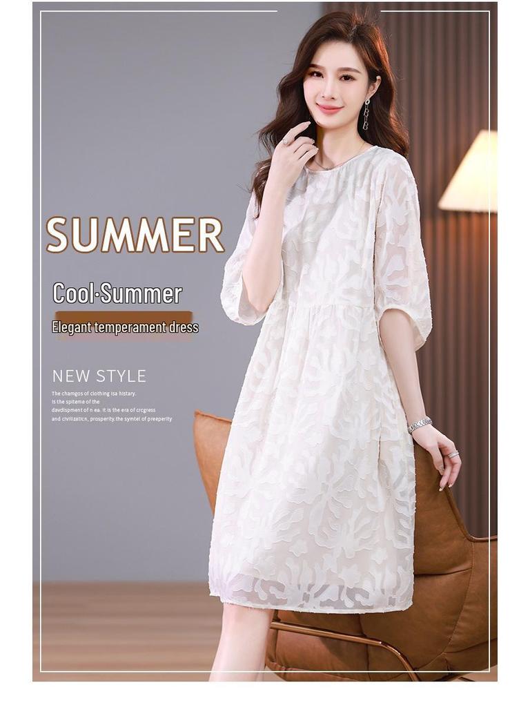 Summer Plus-Size Chiffon Puff Sleeve Lace Dress - High-End 2025 Collection