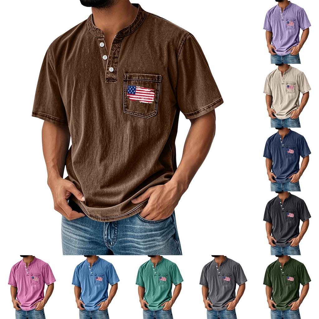 Men's Summer Independence Day Pattern Round Neck Short Sleeve T-Shirt Neck Men's All-match Casual Button Shirt