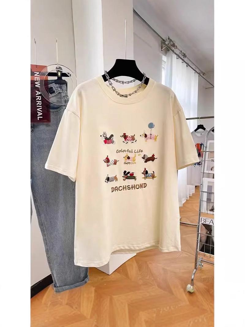 

Women s Summer Puppy Embroidered 100% Cotton Loose Short Sleeve T-Shirt XL