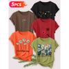 Five-piece set Elegant short-sleeved shirt for women Artistic floral print round-neck women's short-sleeve shirt suitable for spring and summer
