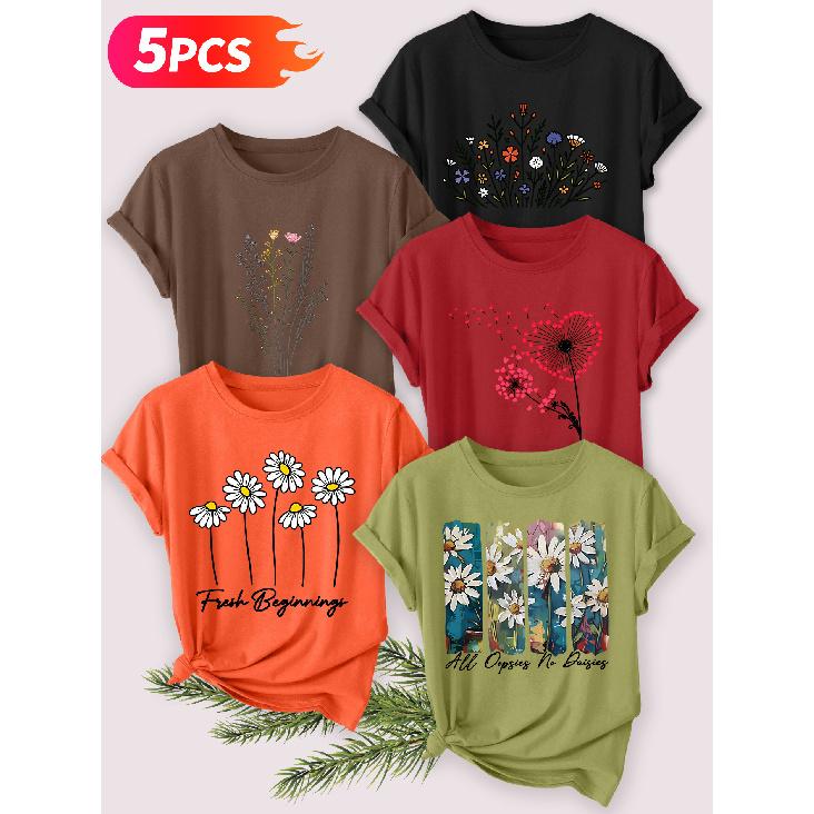 Five-piece set Elegant short-sleeved shirt for women Artistic floral print round-neck women's short-sleeve shirt suitable for spring and summer