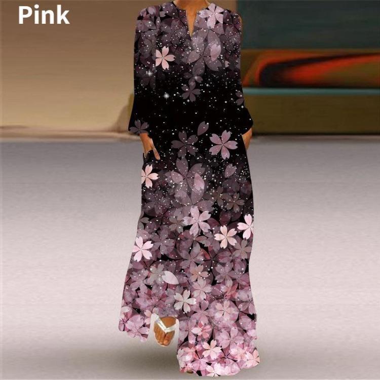 Fashion Graphic Print Long Sleeve Maxi Dress for Women V Neck Loose Casual Floor Length Dress with Pocket