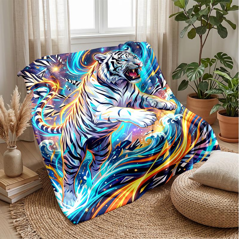 Energetic Blue Tiger Artwork Theme Blanket Lightweight Warm Flannel Blanket Decorative Throw Blanket for Home Decoration