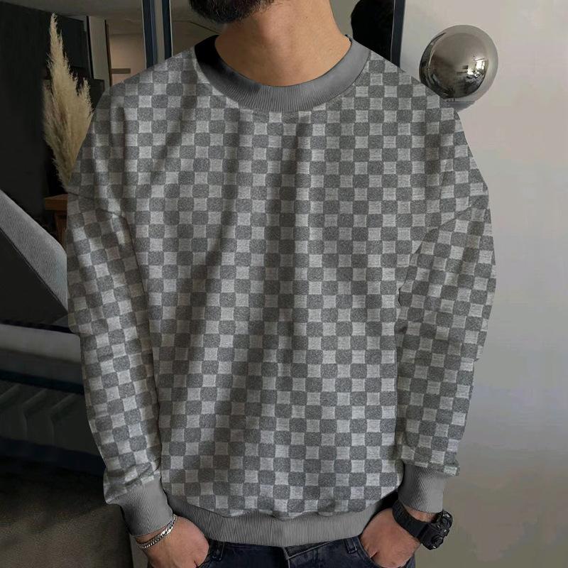 Men's Fall Winter Men's Knit Sweater Jacquard Checkerboard Round Neck Casual Bottoming Long-sleeved Tops Simple Generous Menswear Comfortable Casual
