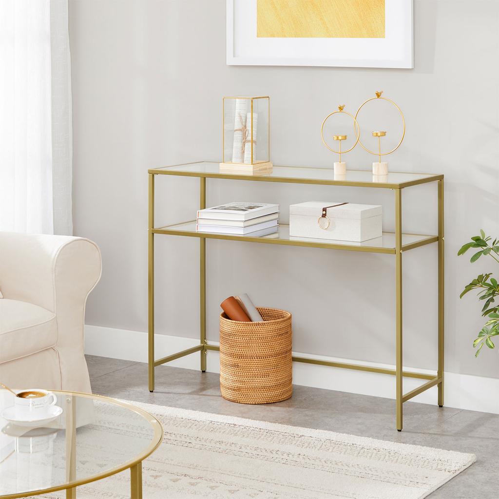 VASAGLE Console Table, Tempered Glass Table, Modern Sofa or Entryway Table, Metal Frame, 2 Shelves, Adjustable Feet, for Living Room, Hallway
