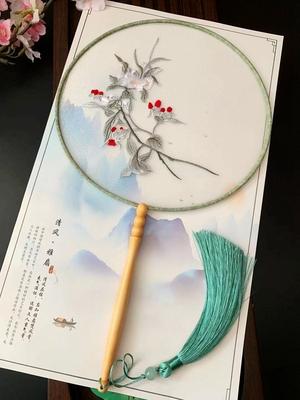 Chinese Traditional Art Embroidery Wooden Hand Fan, Classical, Ancient Dance Costume, Han Fu Cheongsam with Long Handle, Tasse