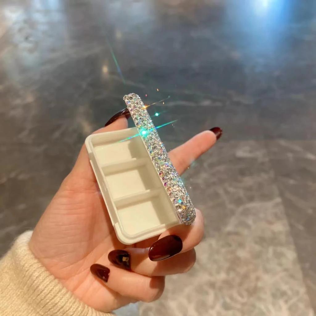 Bling Rhinestones Travel Bottle Pill Organizer 3 Compartment Cute Daily Medicine Container Portable Travel Pill Box Bling Case