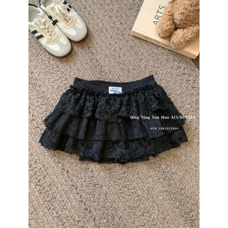 

Kumikumi Sweet and Spicy Style French Crocheted Lace Skirt Women s Autumn Slimming Versatile Anti-Exposure Cake Skirt Black L