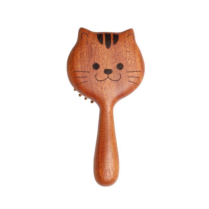 Sandalwood Airbag Cushion Comb Kit: Cute Kitten Design, Ring Stud, Wood Head, Meridian Massage - Perfect Gift
