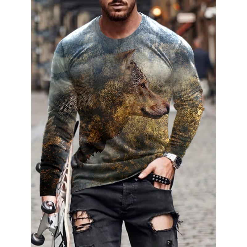 

Spring Autumn Men O Neck Vintage T Shirt Long Sleeve 3D Werewolf Print Oversized Clothing Casual T Shirts Men s Street Clothing 6XL