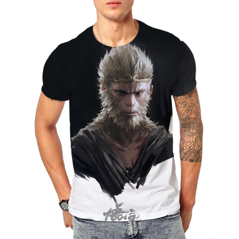 Black Myth Wukong Game Qi Tian Da Sheng 3D Digital Printed Men's T-Shirt, Chinese Style Casual Plus Size Breathable Sporthirt