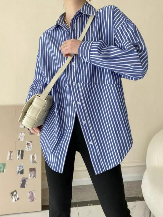 Damenhemd im koreanischen Stil, blau gestreift, locker - Frühjahrskollektion