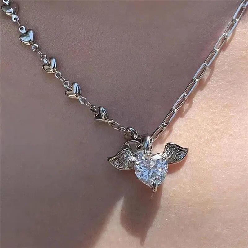 2023 Crystal Zircon Bow Knot Heart Pendant Necklaces Y2K Pink Heart Ladies Girls Fashion Elegant Clavicle Chain Women Jewelry