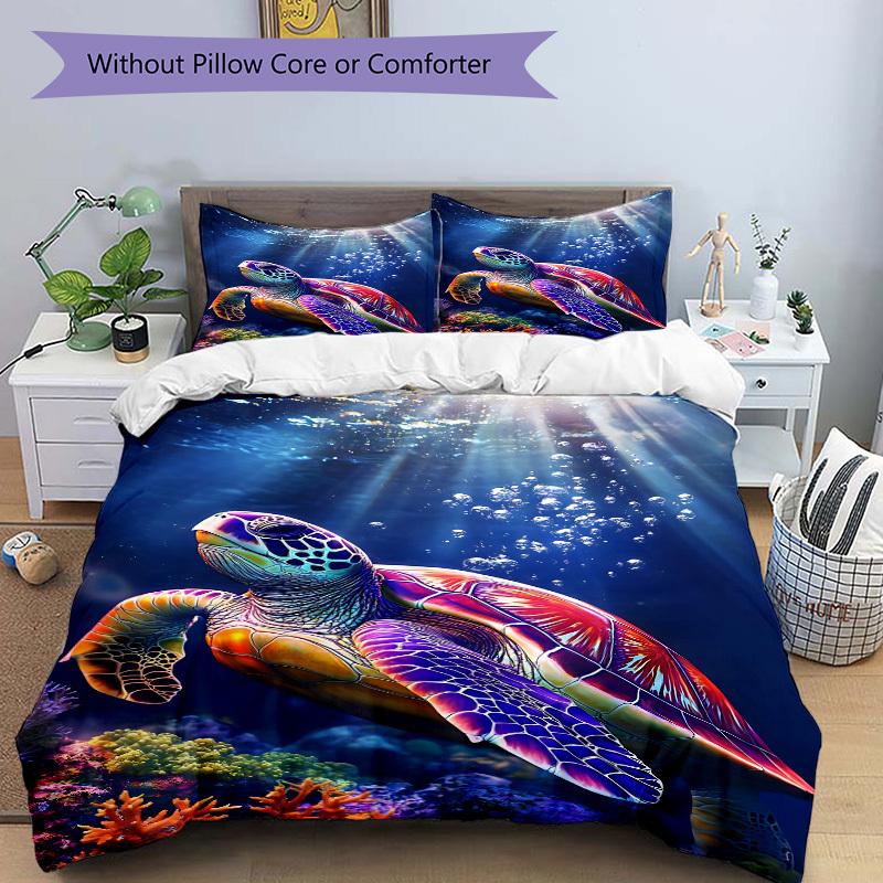 3pcs Sea Turtle Print Duvet Cover Set, Cover For Bedroom Guest Room (1 Duvet Cover + 2 Pillowcase, Without Quilt),  yy250922100