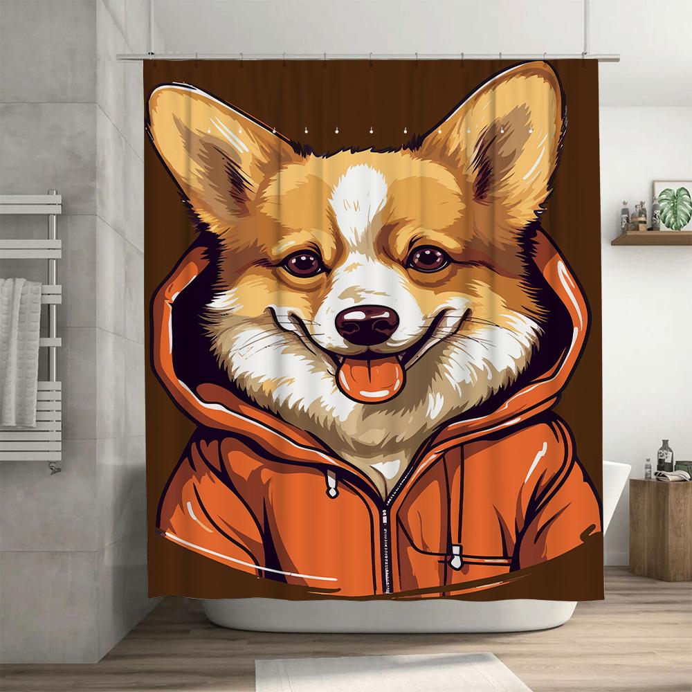 Adorable Corgi Hoodie Shower Curtain Cute Dog Wall Art for Bathroom Decor Modern Cartoon Pet Design (Brown Background)