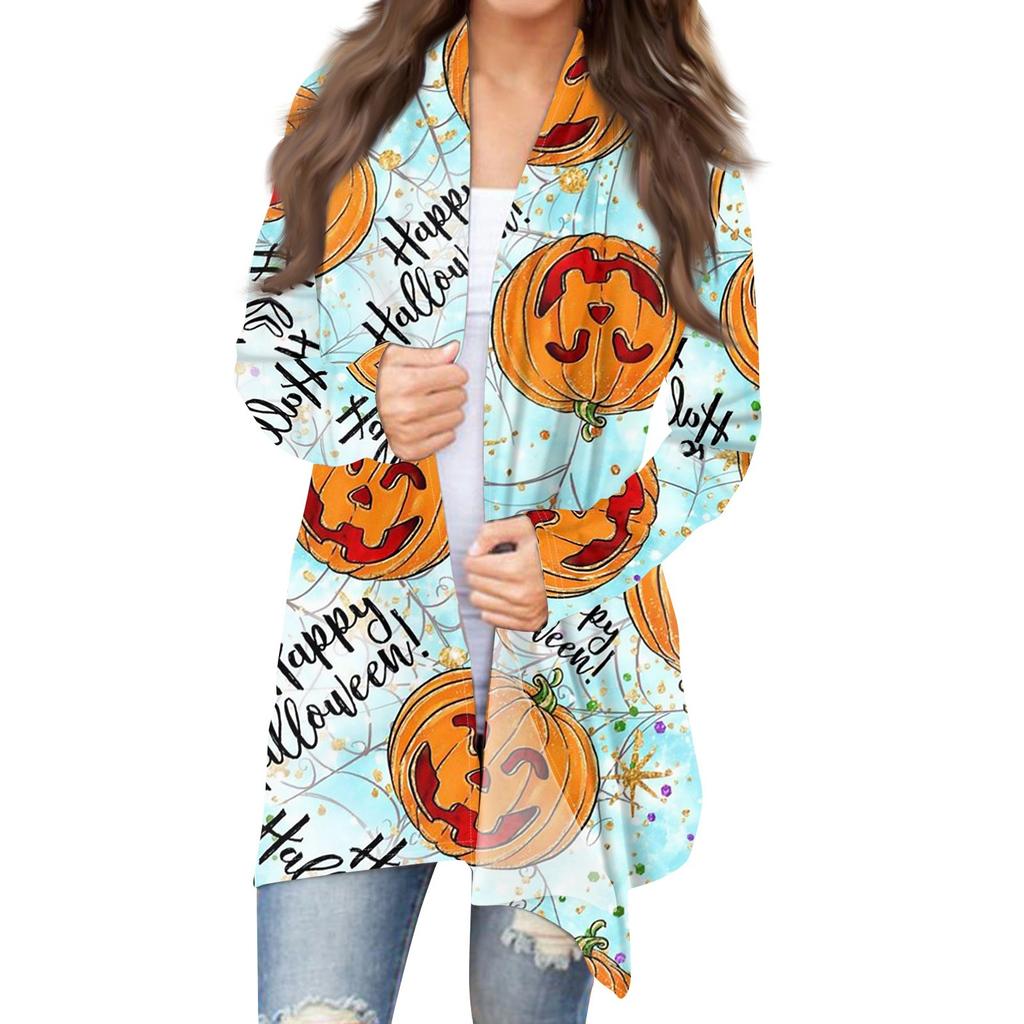 Women's Fashion Casual Halloween Printed Medium Length Cardigan Jacket Coat