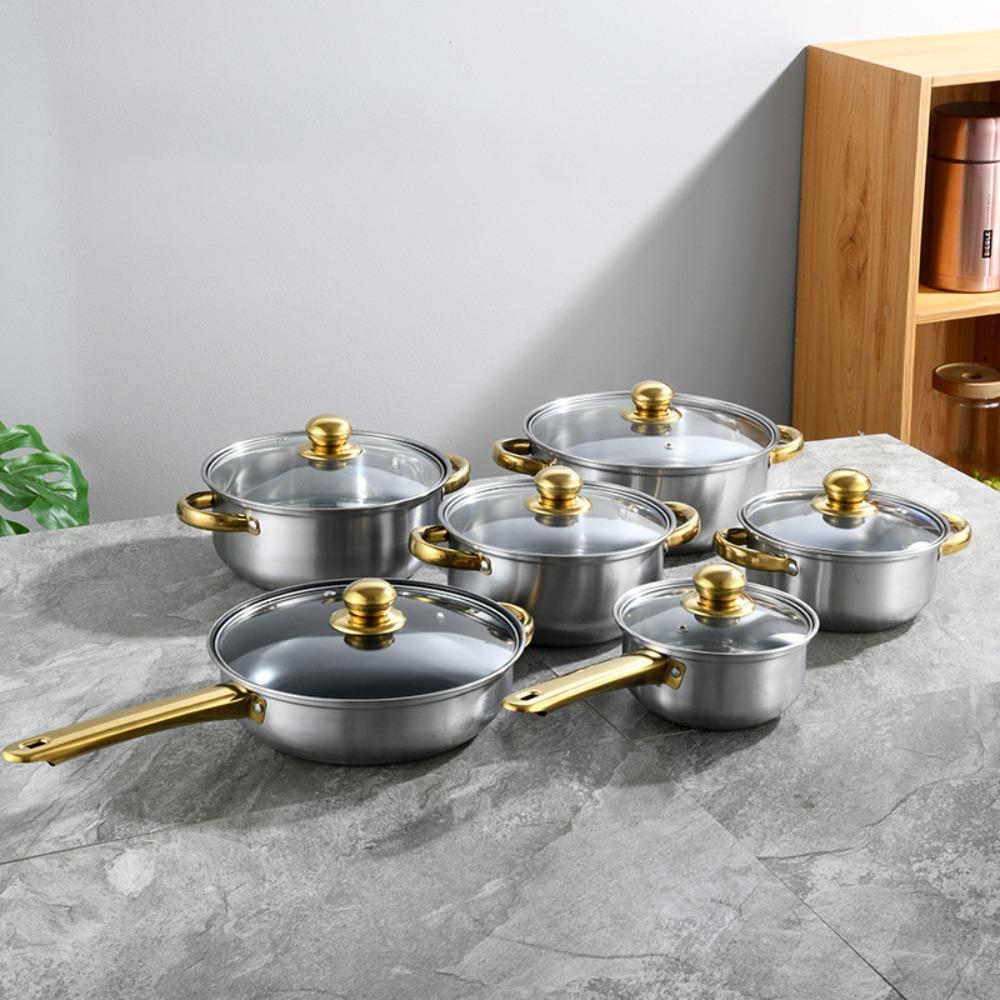

12pcs Stainless Steel Frying Pan Soup Pot Kettle NonStick Kitchen Utensils Set Housewarming Gift Soup Pot Set