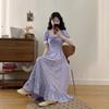 2026 Summer Plus Size Puffy Sleeve Square Neck Dress for Women - French Style Purple Floral