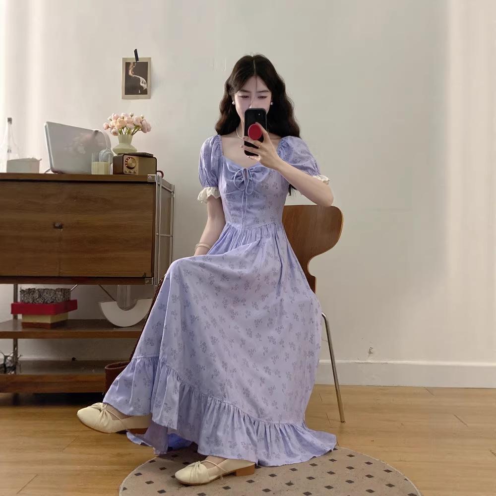 2026 Summer Plus Size Puffy Sleeve Square Neck Dress for Women - French Style Purple Floral