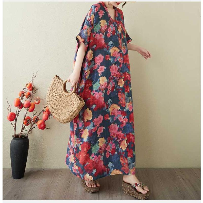 Women's Vintage Long Dress with Cotton and Linen Patterns