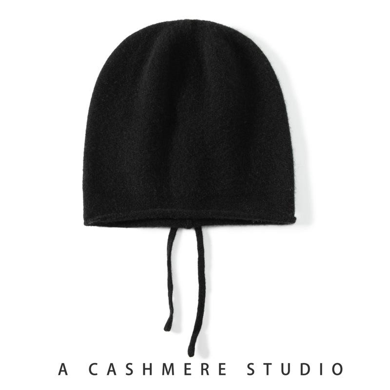 Autumn and Winter New Cashmere Women's Knitted Hat Drawstring Warm Ear Protection Fashion Hat Crimping Stack Hat Cold Hat