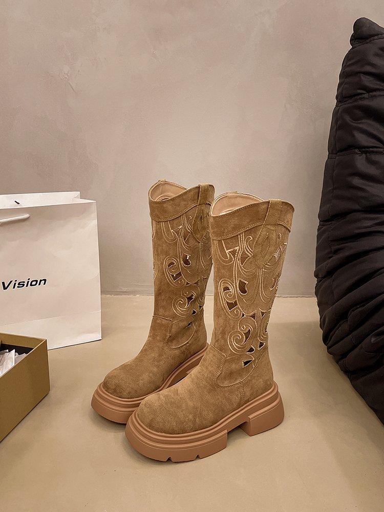 

Толстоподошвенные увеличивающие рост полые ботинки Maillard детские 2025 новая летняя западная ковбойская обувь высокие ботинки крутые ботинки рыцарские ботинки 40 коричневый