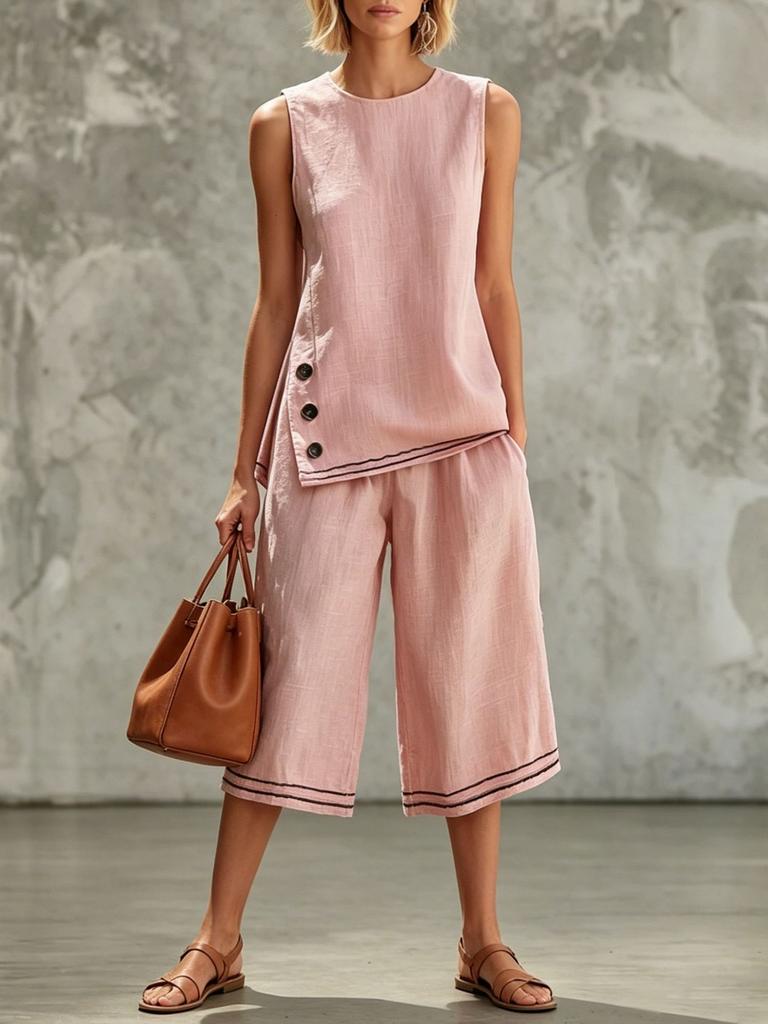 Women's Pink Sleeveless Two Piece Set Side Button Detail Wide Leg Cropped Pants